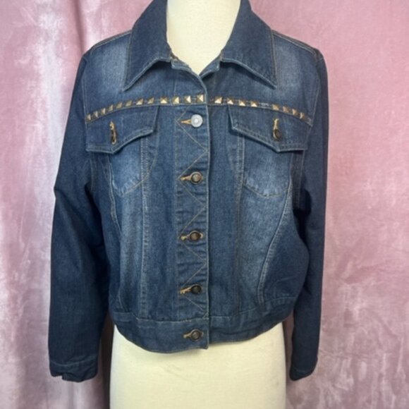 none Jackets & Blazers - Roomates Womens Dark Wash Jean Denim Moto Studded Button Down Jacket  Size 1X